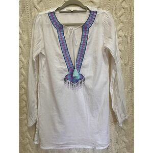 Cabana Beach Cotton Tunic Cover Up Embroidered Tassels Boho Beachy Gauzy M White